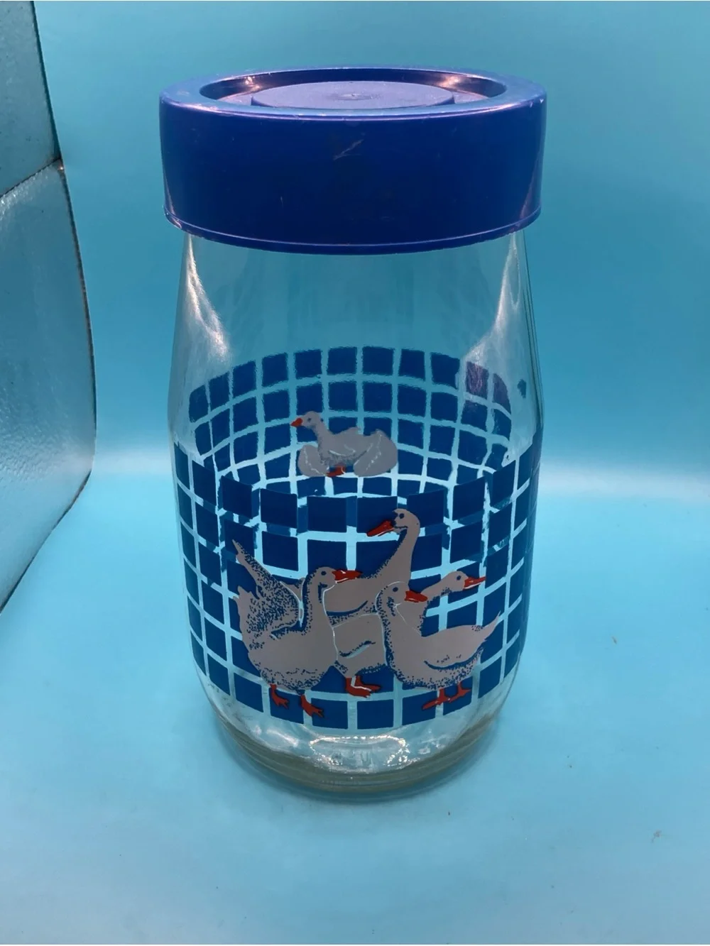 Carlton Glass Canister 1.5L collector Jar Vintage Geese Goose Duck Blue with Lid